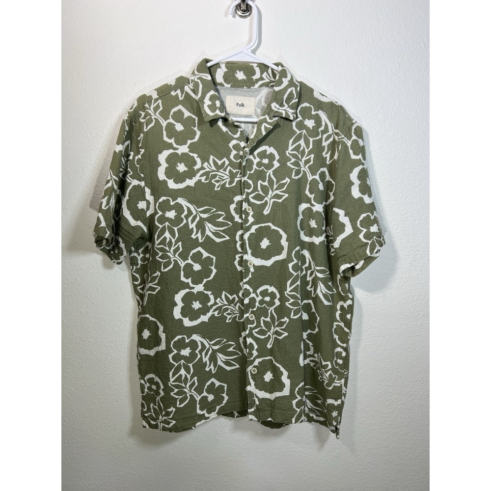 Folk Green Button Up Short Sleeve Shirt Large Textured Floral Coastal Hawaiian